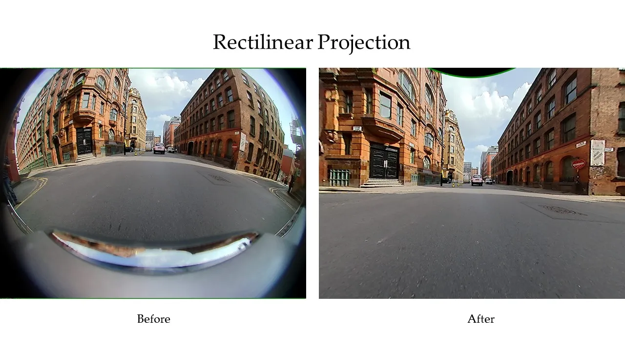 Comparison between the original fisheye image and the resulting rectilinear correction.